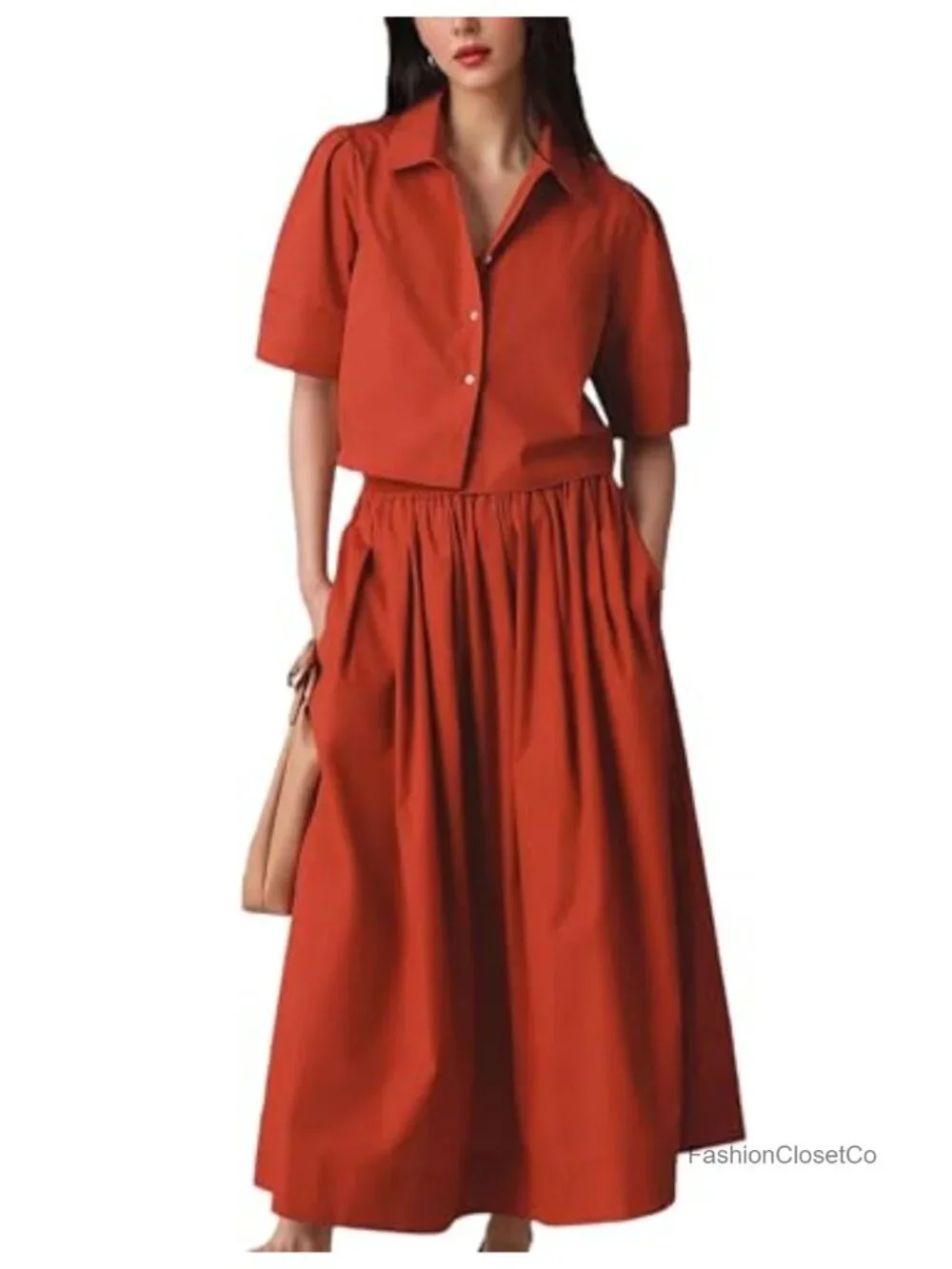 2 Piece Outfit Skirt Set Short Sleeve Top Maxi Skirt with Pockets